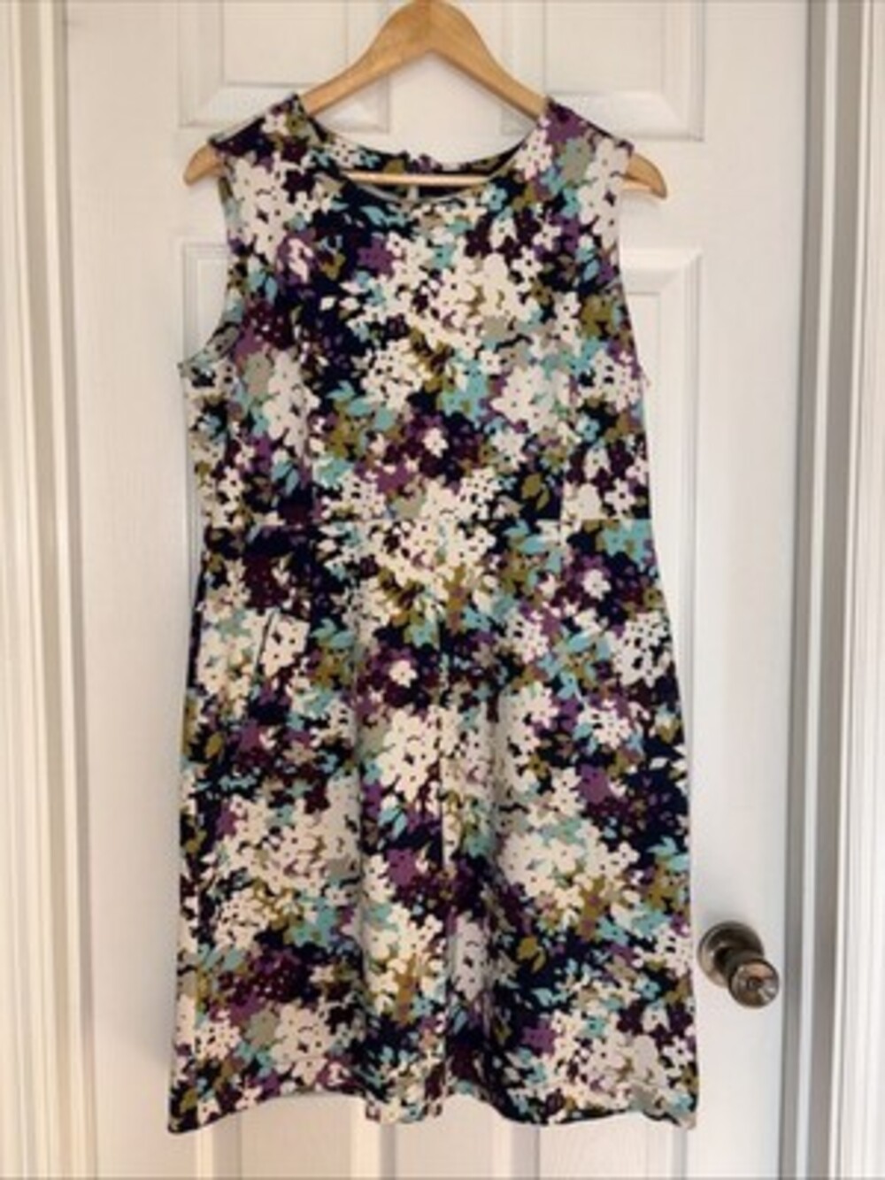 EUC Lands End A Line Shift Dress w/ Pockets Size 14 Floral Pattern Ponte Knit